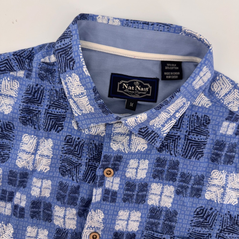 Nat Nast Button Up Shirt Mens Medium Blue Silk Cotton Geometric Short Sleeve